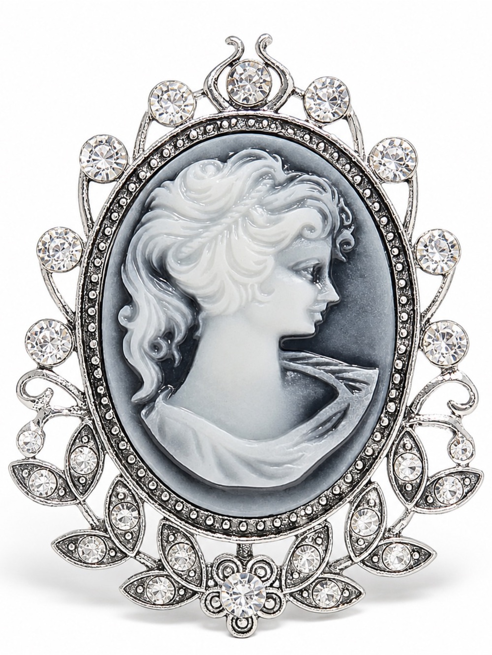 Vintage-Style Gray-Blue Cameo Brooch Necklace